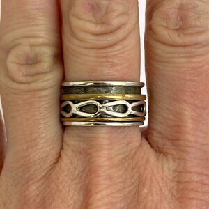 Sterling Silver 925 India Two Tone Brass Wide Multiple Band Spinner Ring Sz 7.5
